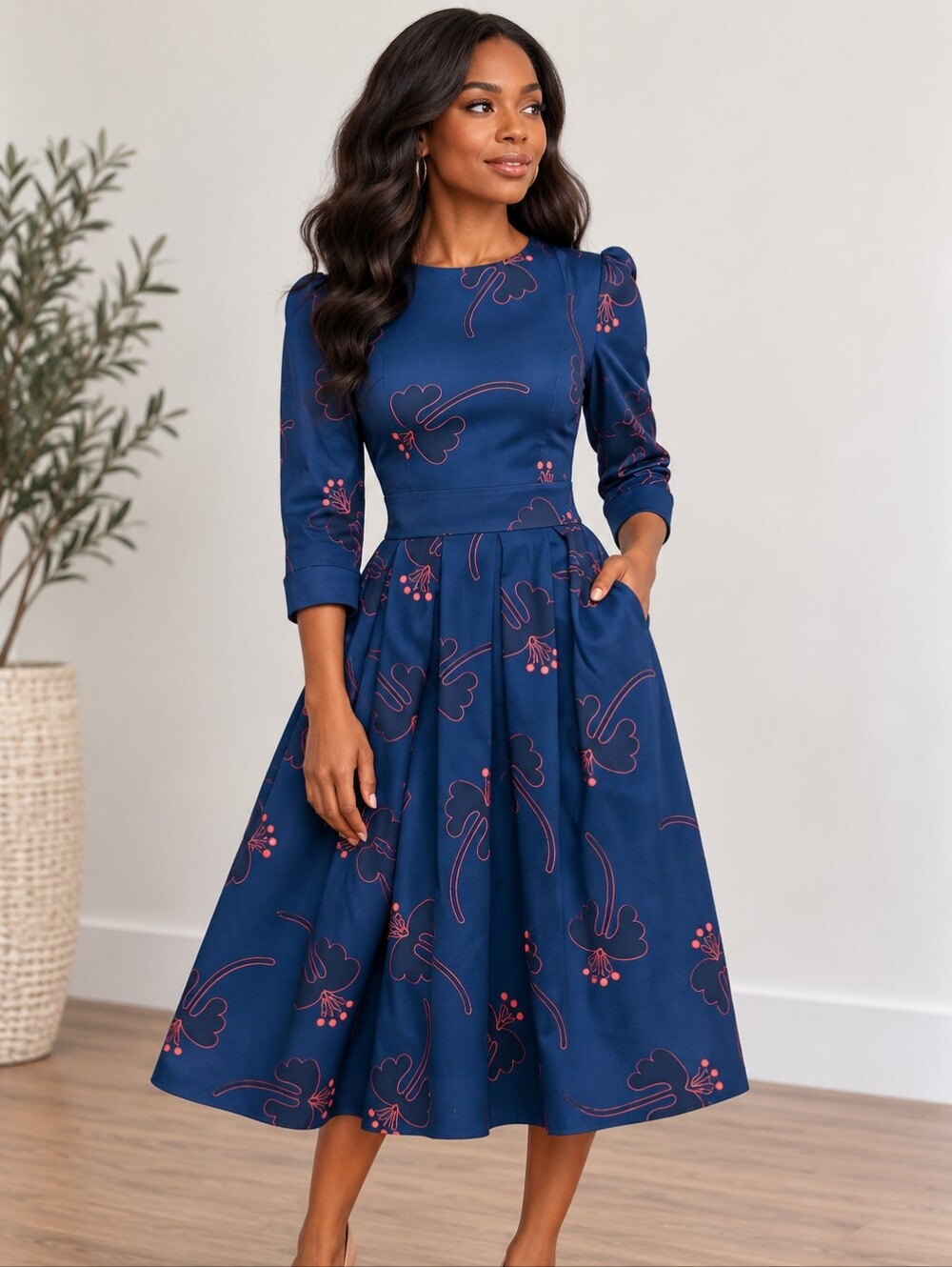 Women's Floral Evening Flare Vintage Midi Dress 3/4 Sleeve with Pockets